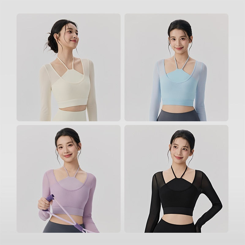 Fake Two-Piece Mesh Long-Sleeve Yoga Top With Built-In Sports Bra