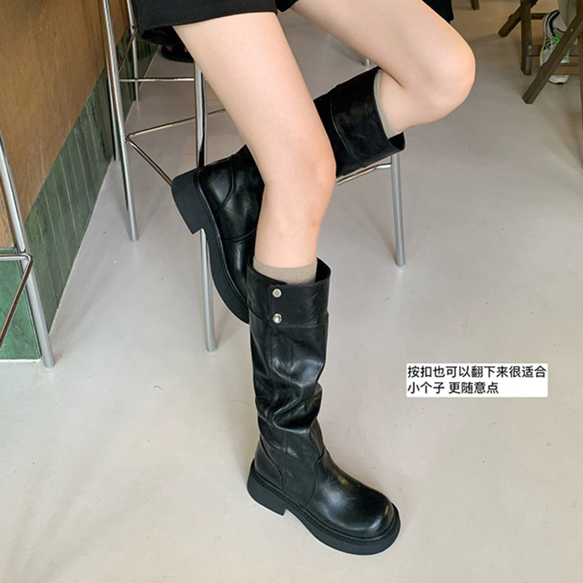 Women's 5cm Height-Enhancing Three-Dimensional Round-Toe Thick-Soled Chunky-Heel Riding Boots With Snap Buttons