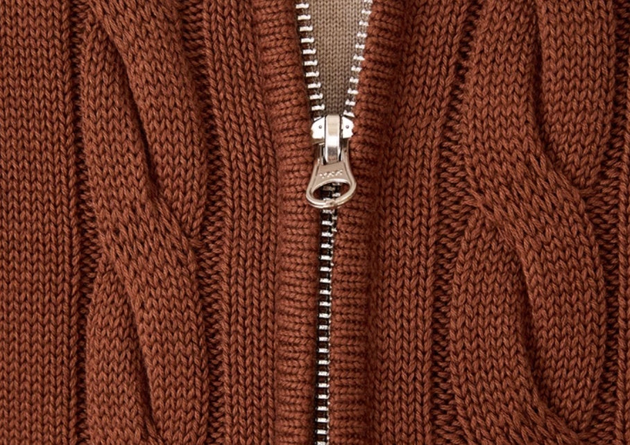 Pure Cotton Knitted British Thickened Heavy Weight Twisted Double Zipper Cardigan