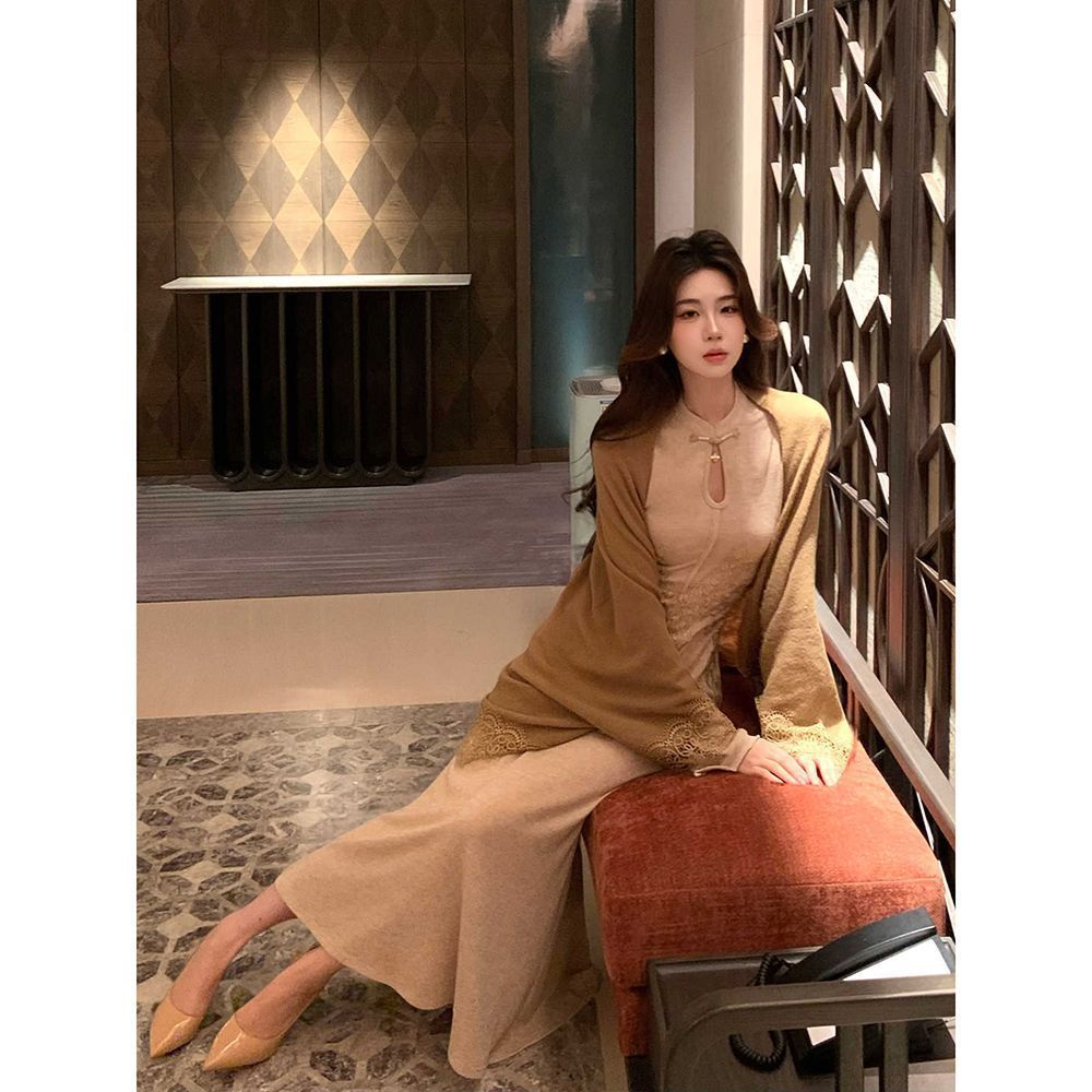 Stand Collar Embroidered Knitted Long Dress Cardigan Coat Women