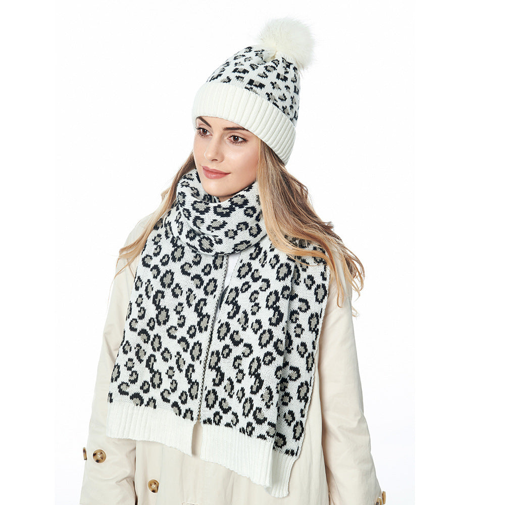 Women's Autumn And Winter Leopard Print Hair Ball Hat Scarf Set