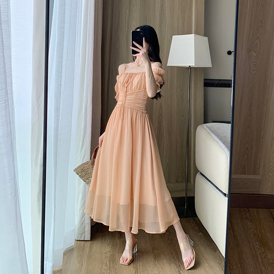 French Tea Break Waist Wrapped Soft Texture Long Dress