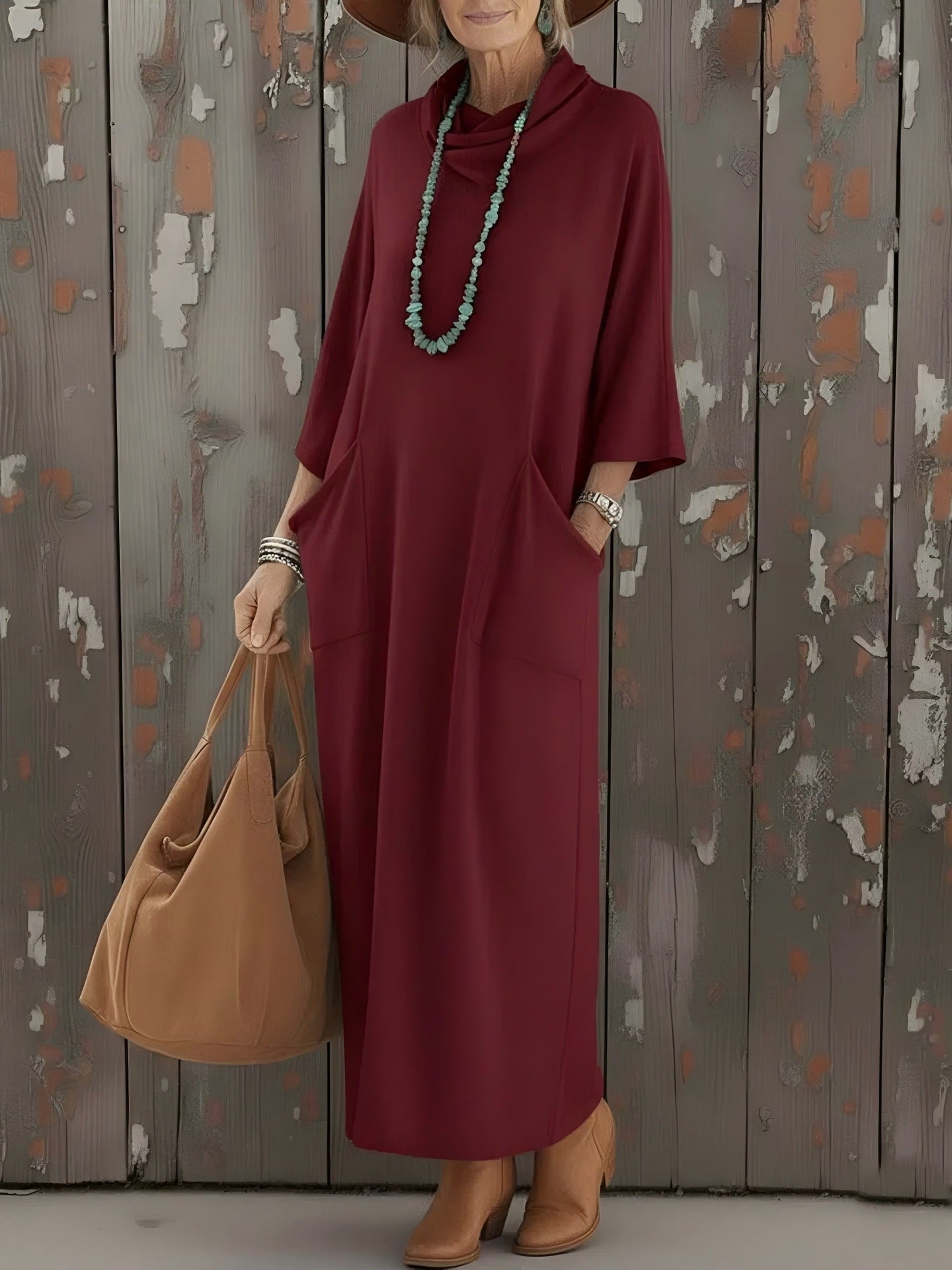 Womens Loose Knitted Dress With High Neck And Pockets