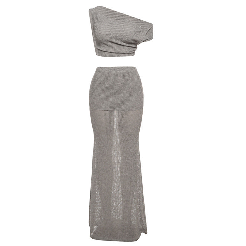 Womens Fashionable Sexy One-Shoulder Backless Solid-Color Bodycon Set For Women