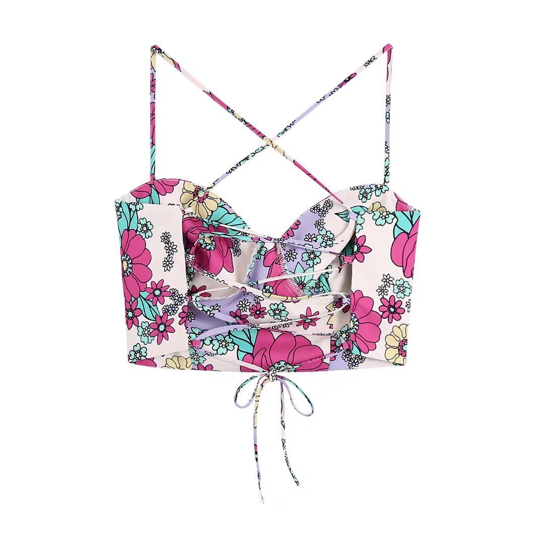 Sling Print Lace Up Short Top  High Waist Skirt Set