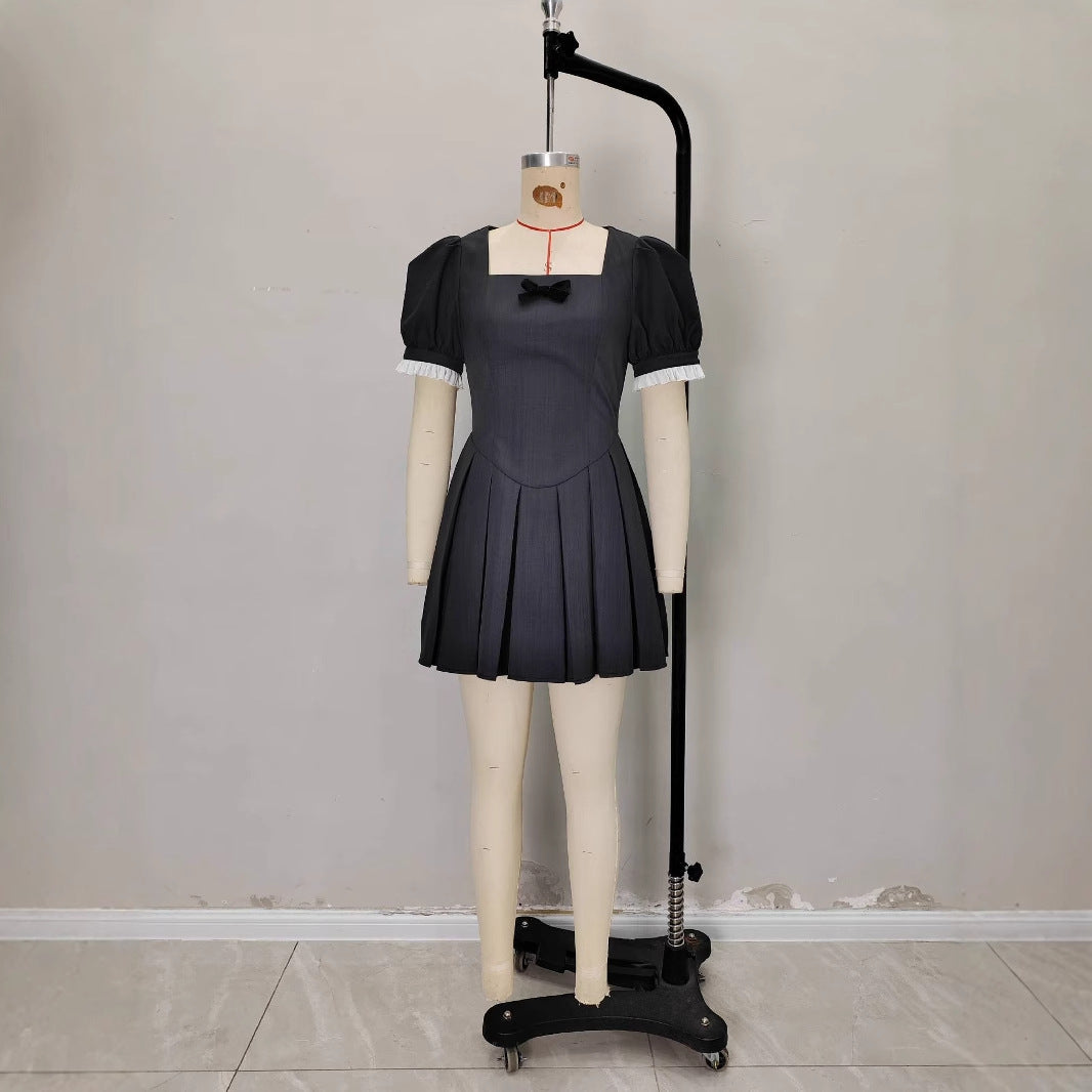 Womens Solid-Color French Square-Neck Slim-Fit Short-Sleeve Dress