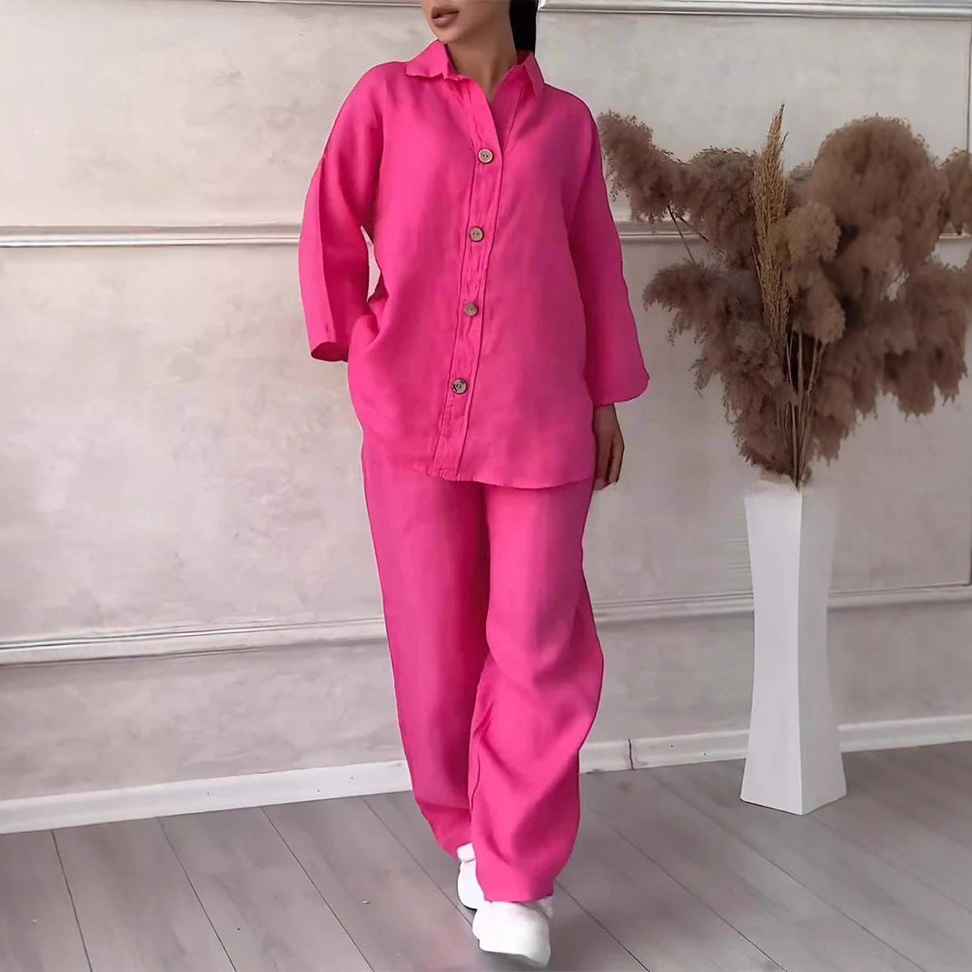 Cotton And Linen Shirt Outfit High Waist Loose Trousers