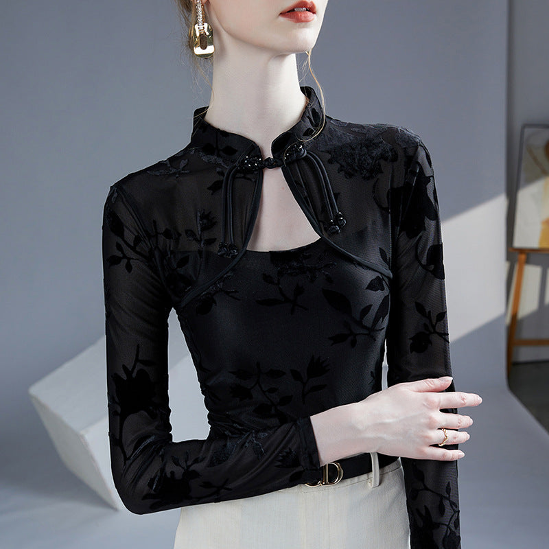 Dametop med ny kinesisk stil, qipao-krave, jacquard og slim fit, der kan bruges som basislag