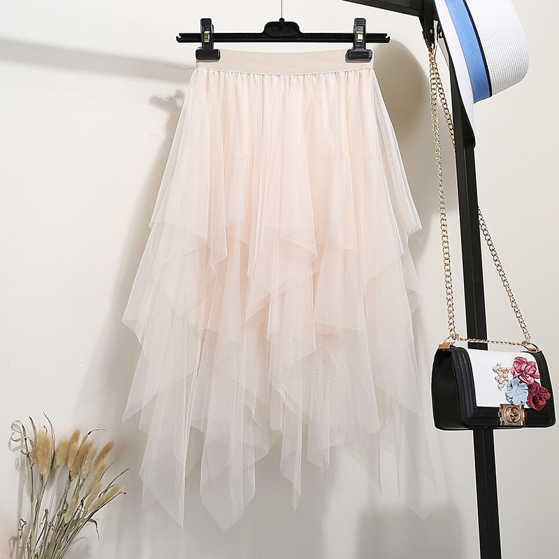 Women's Solid-Color Versatile Asymmetrical Mesh Skirt