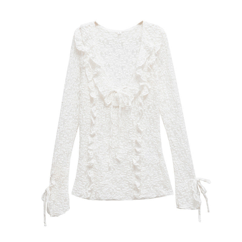 Spring And Summer Women's Long-sleeved Slim Lace Laminated Decoration Top
