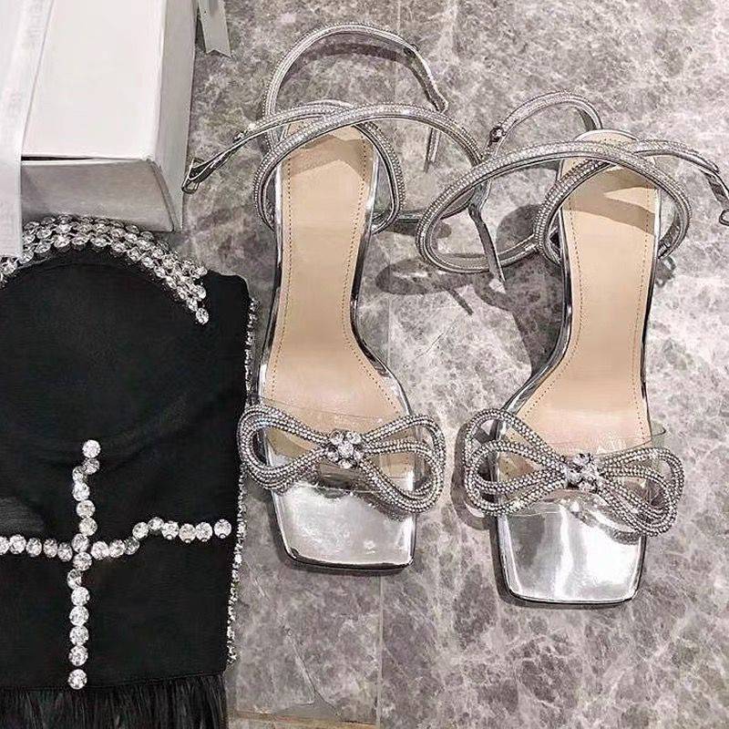 Bow-knot Square-toe Rhinestone High-heel Moccasin Sandals