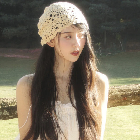 Handmade Crochet Baotou Hollow Wool Sweet Art Knitted Thin Section Pile Heap Cap