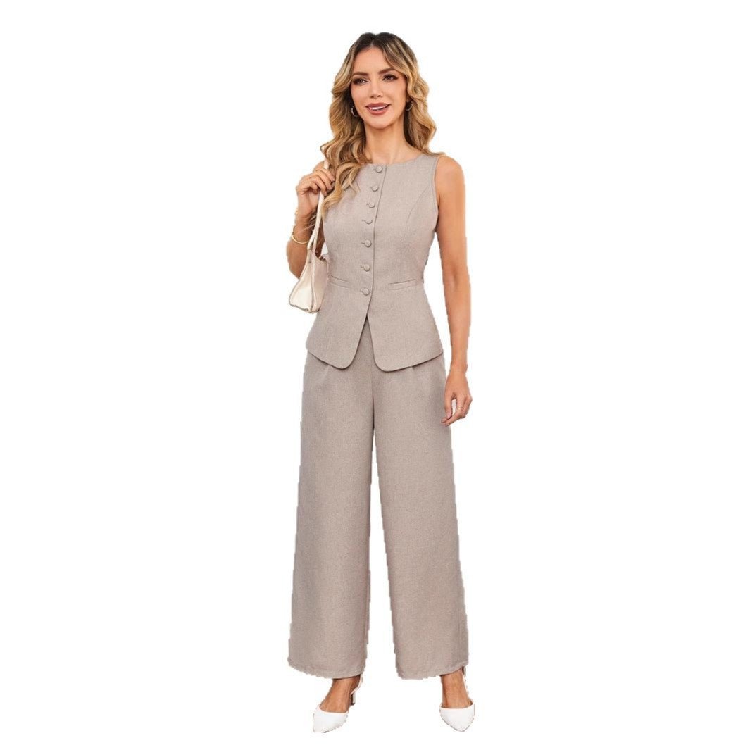 Sleeveless Top And Tie-waist Wide-leg Pants Set In French Style