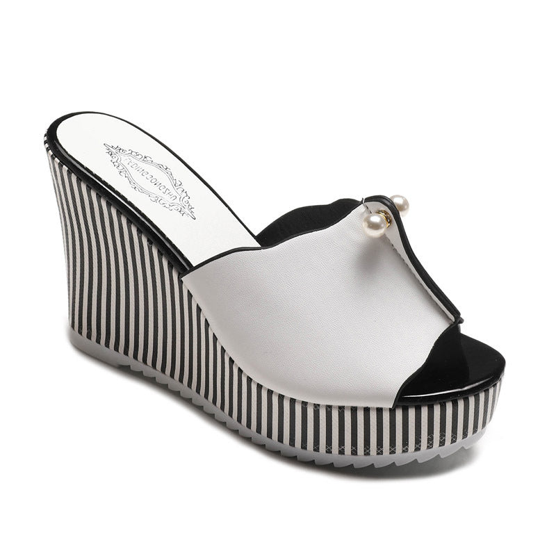Korean Women's Thick-soled High-heeled Flip-flop Pearl Fish Mouth