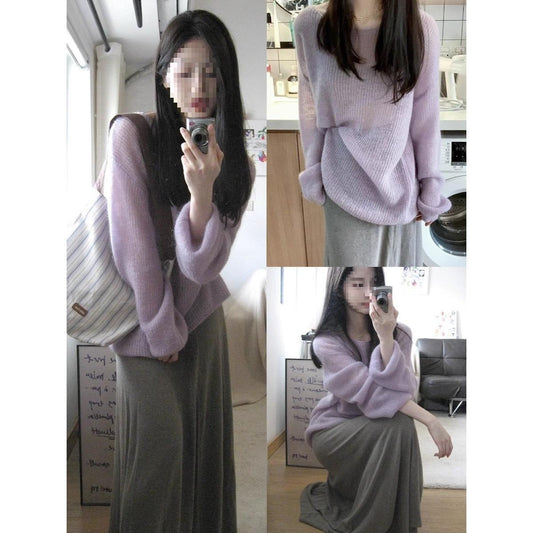 Women's Round Neck Purple Blouse Loose Hollow Out Lightweight Sweater