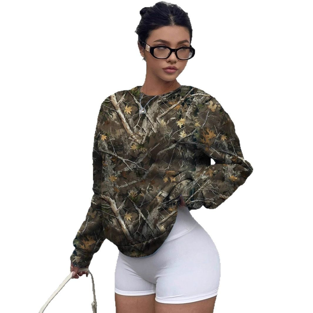 Dame 3D-printet rundhalset pullover, løs fritidstrøje