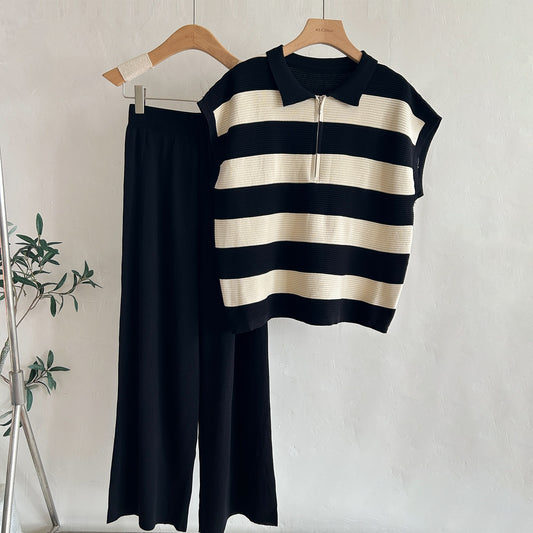 Half-Chain-Link Pattern Knitted Sleeveless Top And Wide-Leg Pants Set