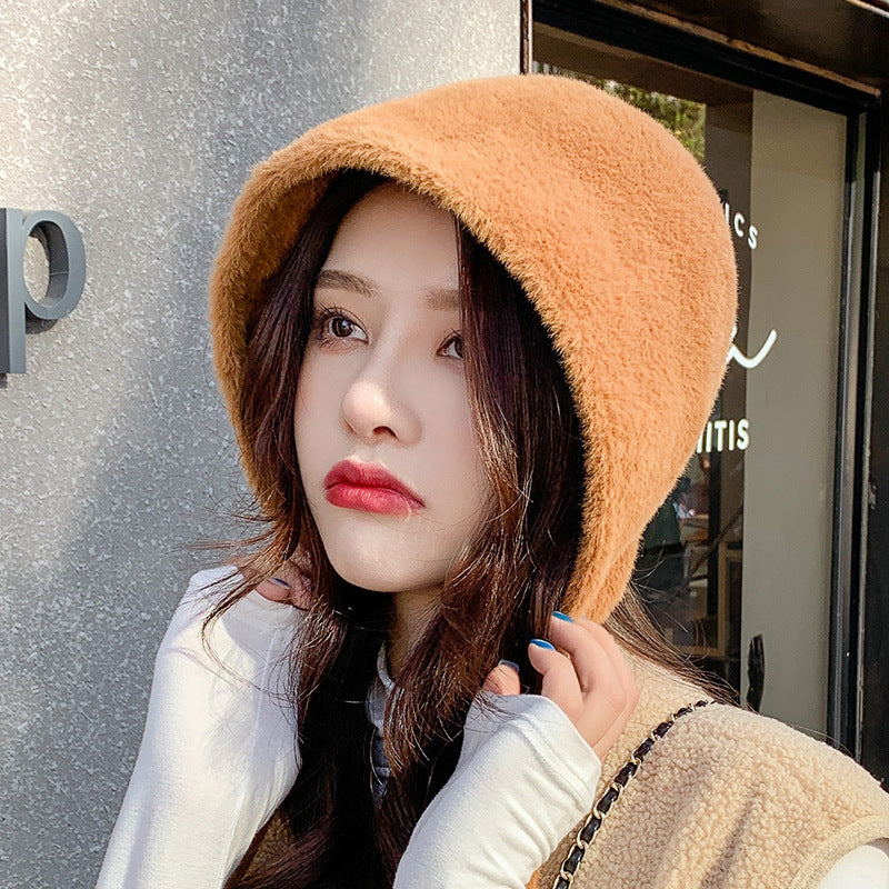 Female Round Top Faux Sable Fur Basin Hat With Solid Lace