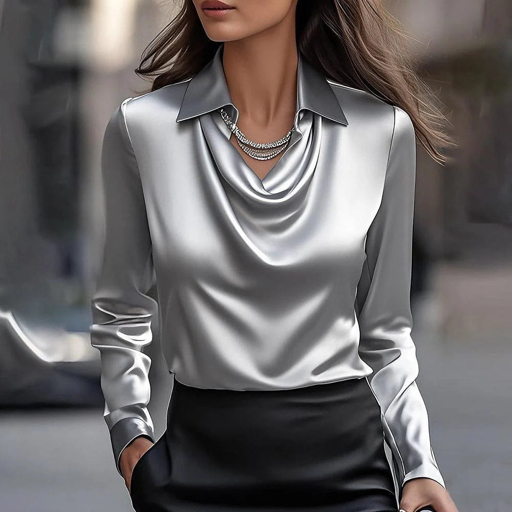 Dame Bluser med Svunget Krave og Drapering Elegant Ensfarvet Satin Kontor Dame Top Pullover Forår Langærmet Casual Toppe
