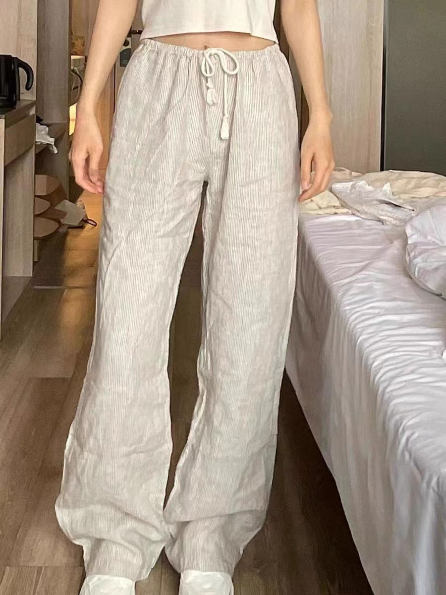 Cotton And Linen High Waist Loose Striped Lace-up Elastic Waist Wide Leg Pants