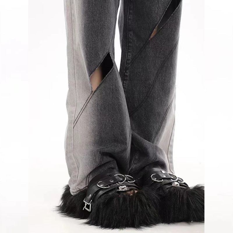 Chaopai Worn-out Hole Straight High Waist Denim Casual Pants
