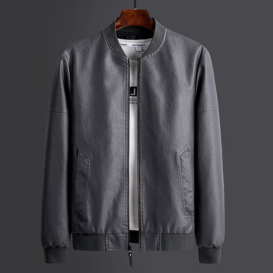 Men's Stand-up Collar Leather Jacket Colorblock PU Motorcycle Suit