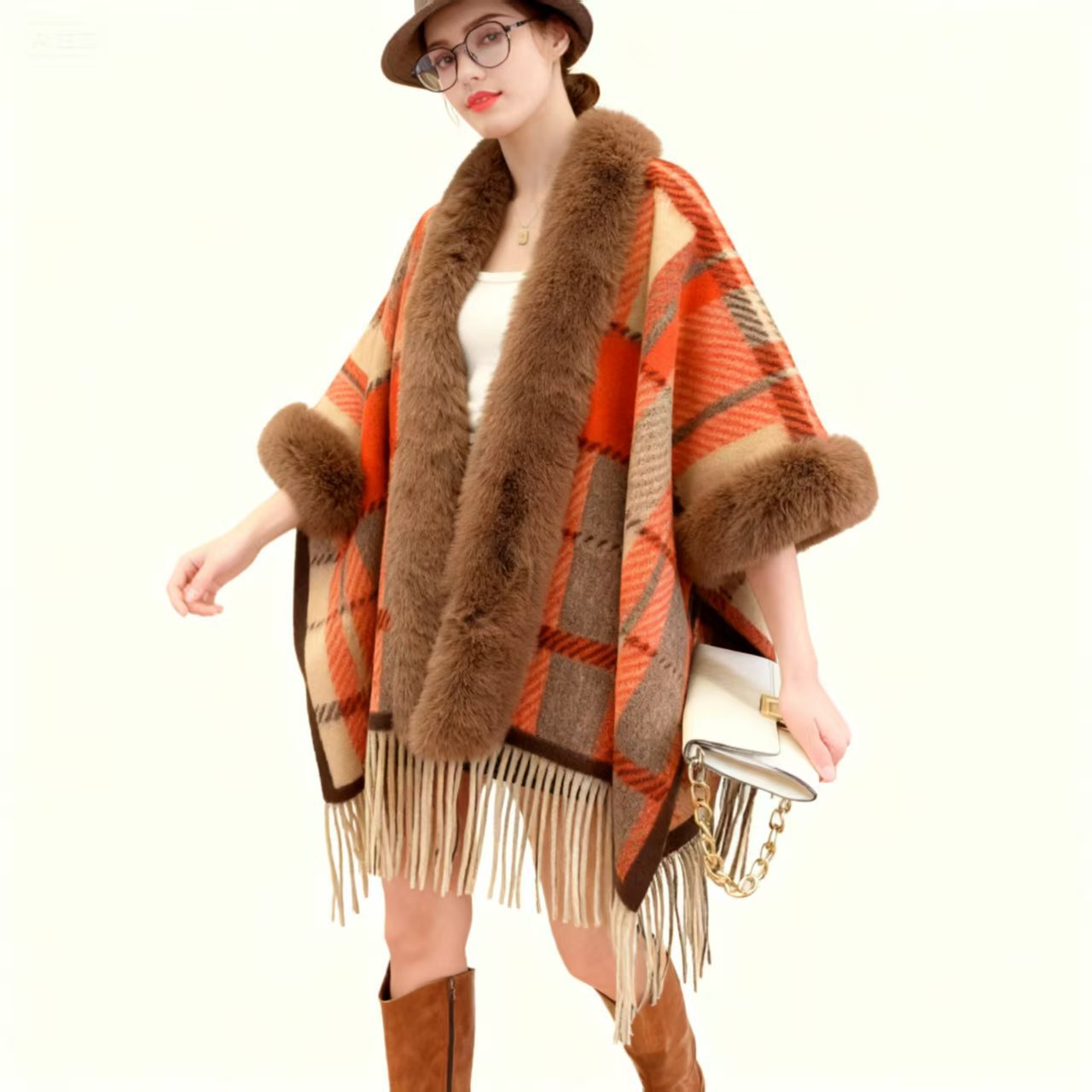 Women's Casual Plaid Tassel Cape Coat