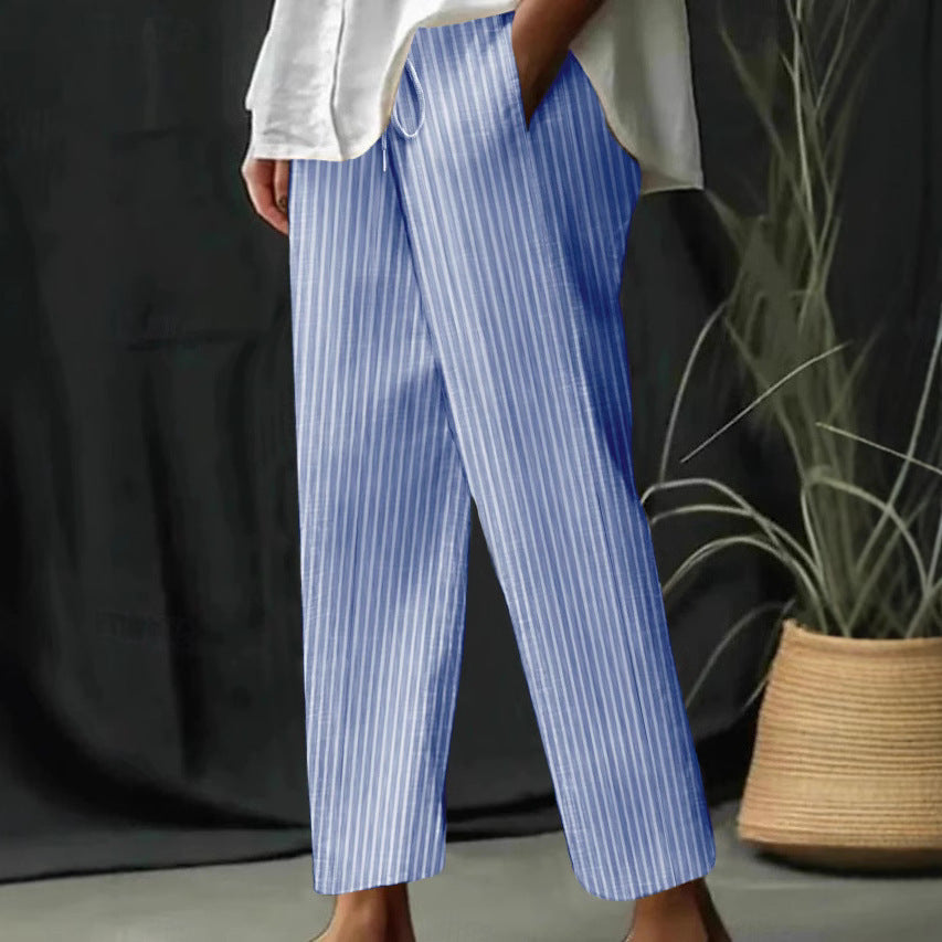 Casual Homewear Pants New Striped Solid Color Cotton And Linen Loose Trousers