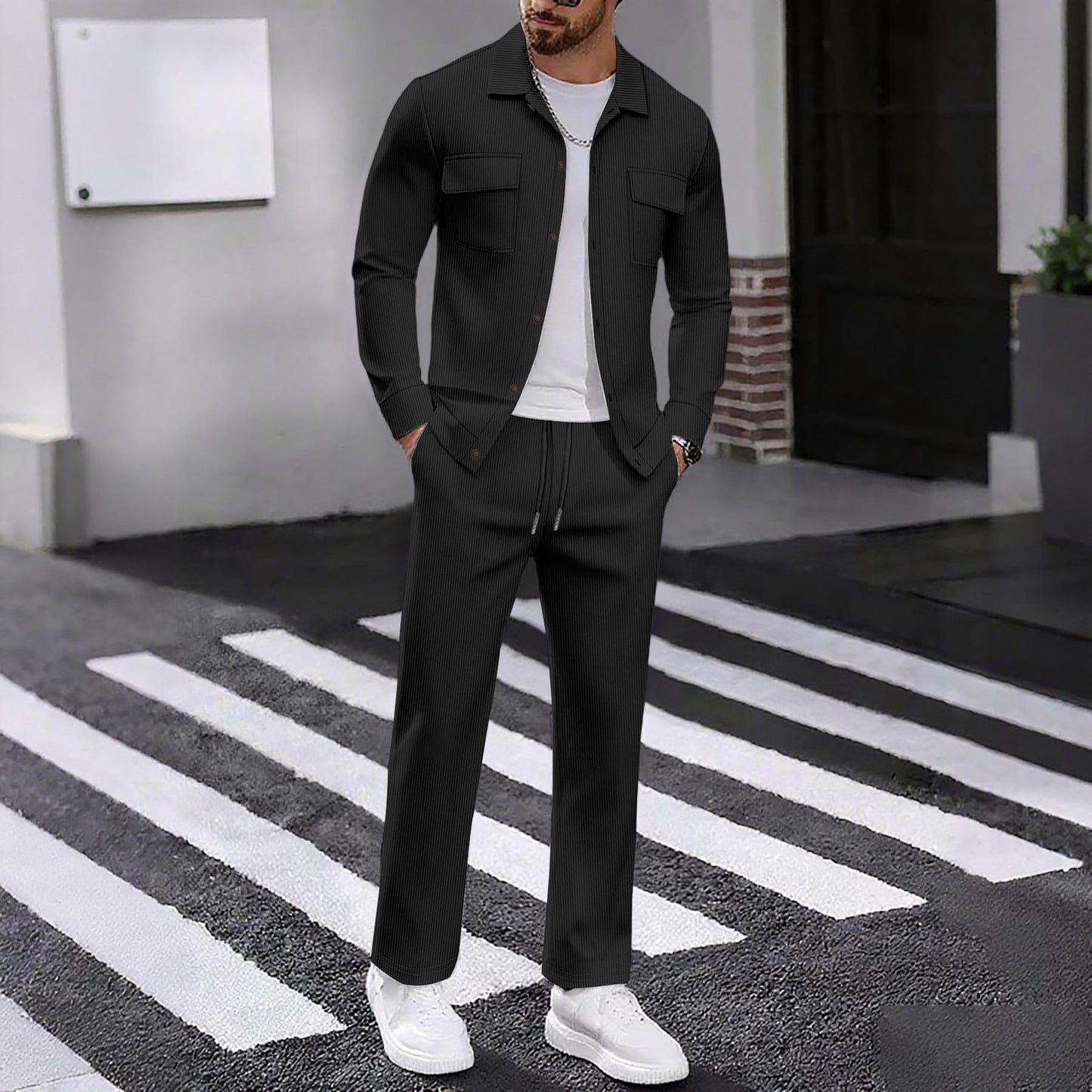 Two-piece Set Featuring A Button-up Collar Long Sleeves And Long Pants