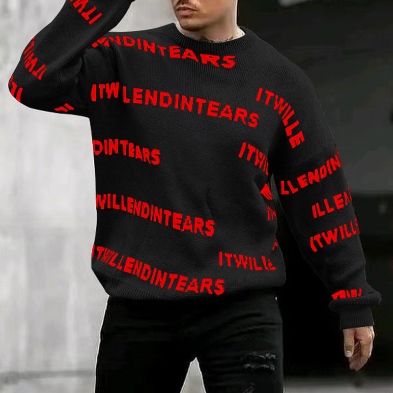 European And American Men's Letter Printing Casual Sweater Loose Round Neck