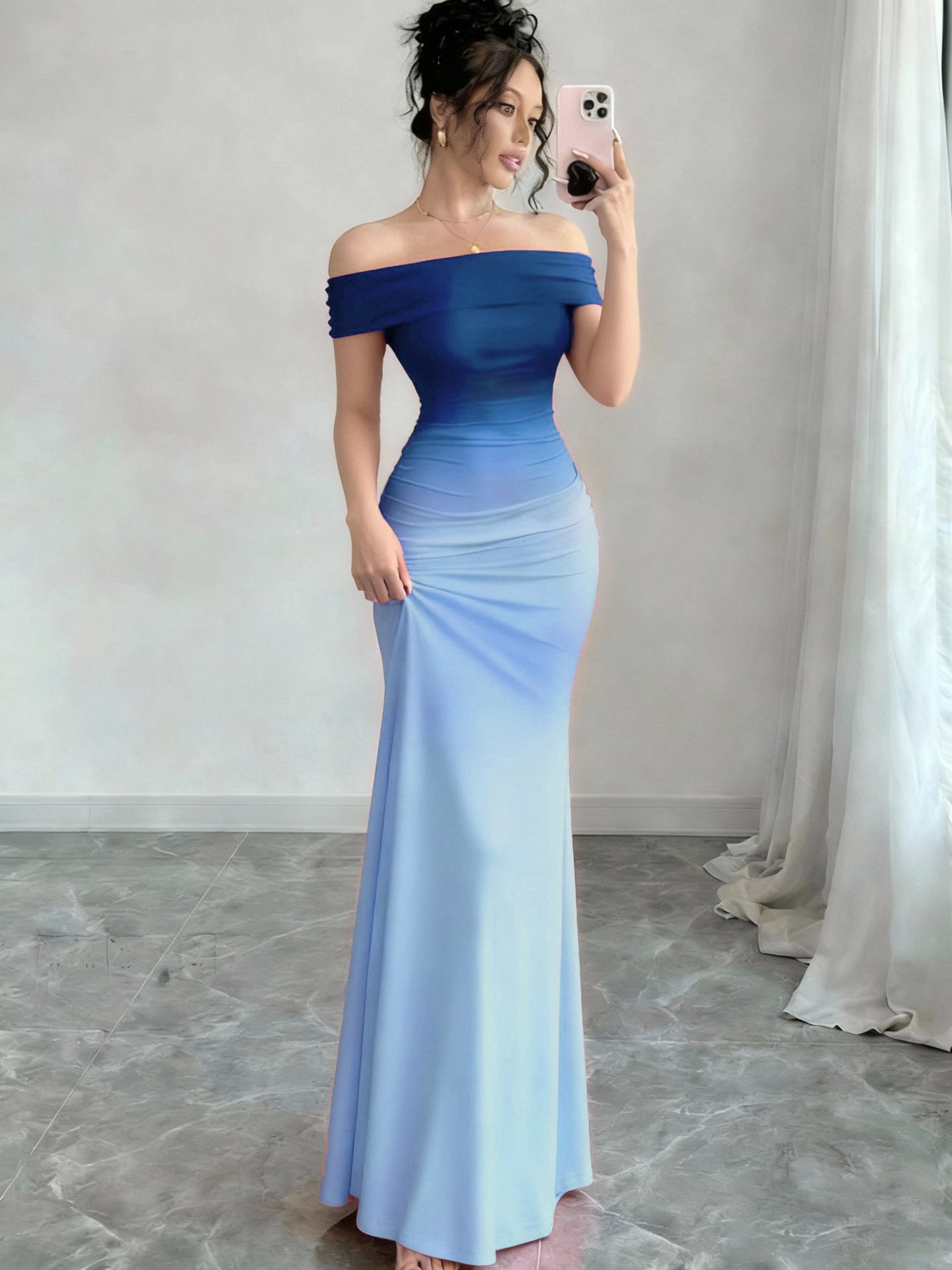 Gradient One Shoulder Sheath Maxi Dress