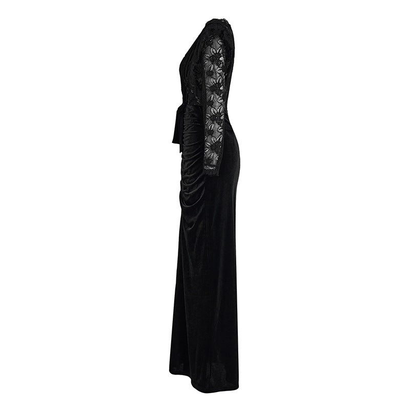 Elegant Black Lace-trimmed Cinched-waist Pleated Dress