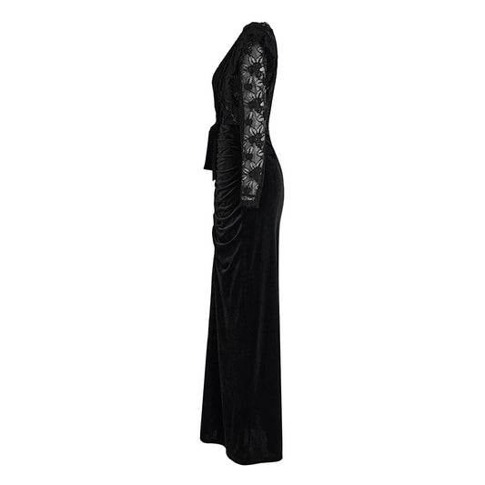 Elegant Black Lace-trimmed Cinched-waist Pleated Dress