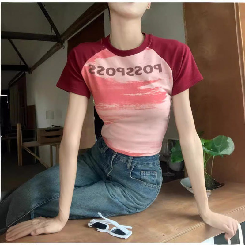 Contrast Color Round Neck Short Raglan Short Sleeve