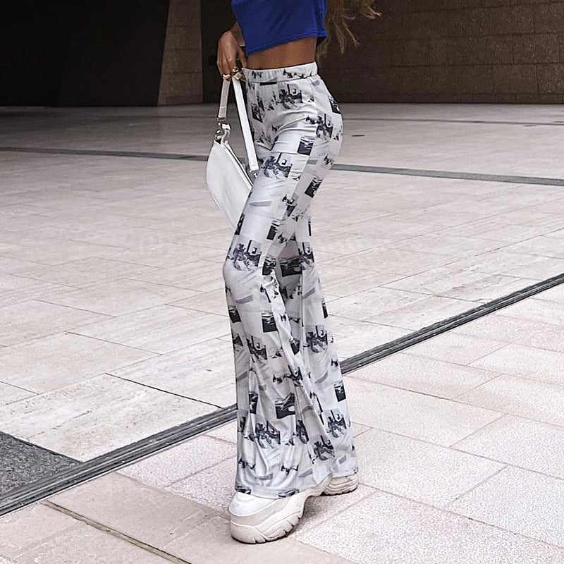 New Printed Mid Waist Micro Stretch Trousers