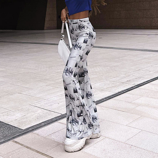 New Printed Mid Waist Micro Stretch Trousers