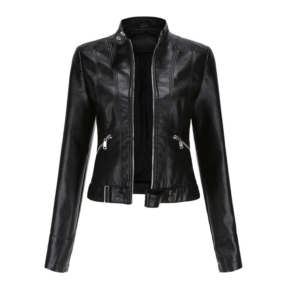 Veste courte en cuir pour femme avec col montant, fine