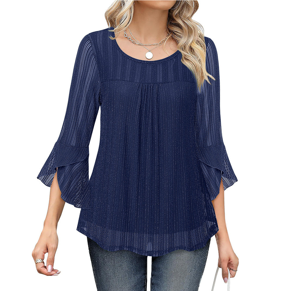 Elegant And Stylish Round-neck Top With Ruffled Sleeves And Sparkling Mesh Fabric