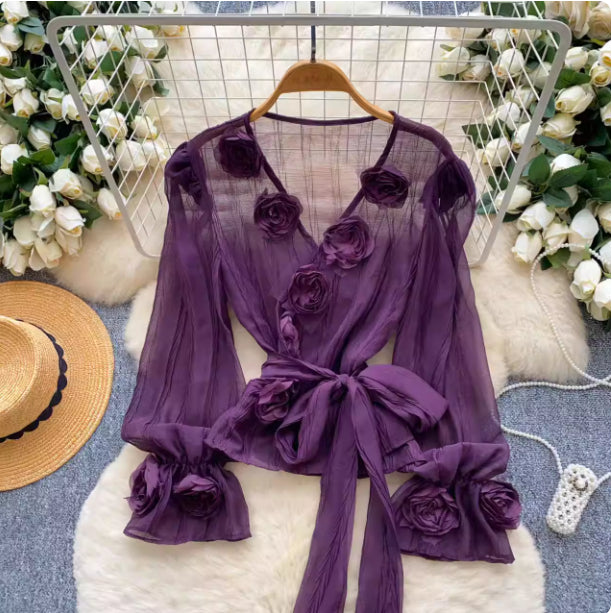 French-style Soft-aura Blouse With Flared Sleeves And 3D Floral Detailinglightweight And Delicate