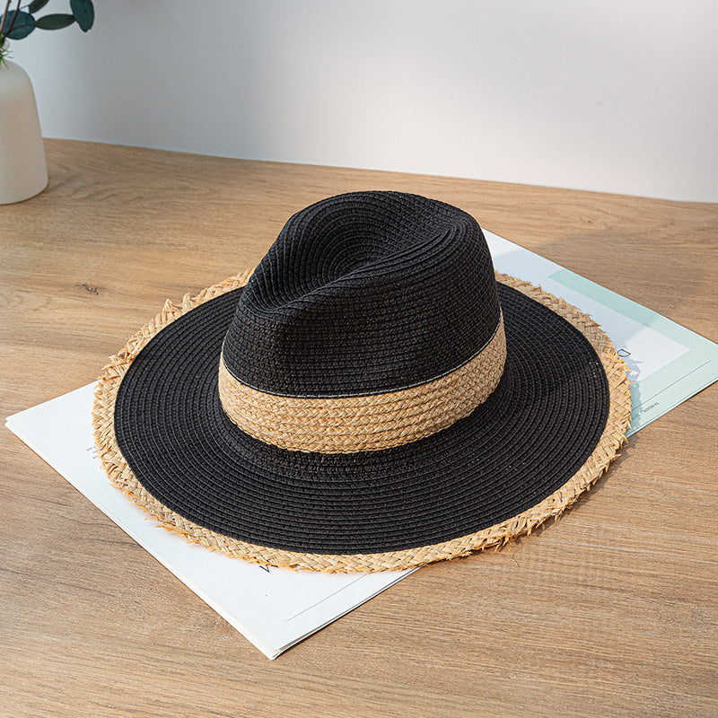 Retro Colorblock Raw Edge Sunscreen Straw Hat