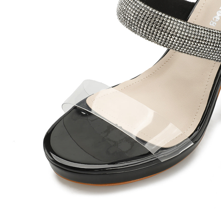 Slender Sandals With Rhinestone Transparent Thick Heel Women's Shoes