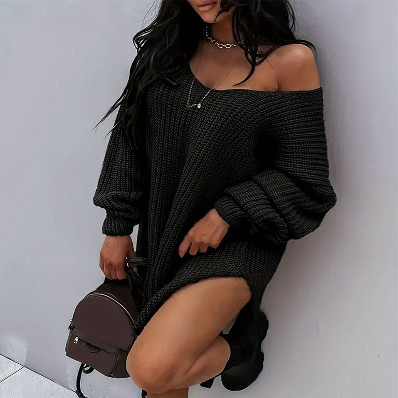 Mid-length Off-shoulder Solid-color V-neck Loose Sweater