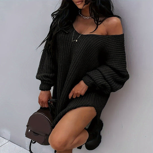 Mid-length Off-shoulder Solid-color V-neck Loose Sweater