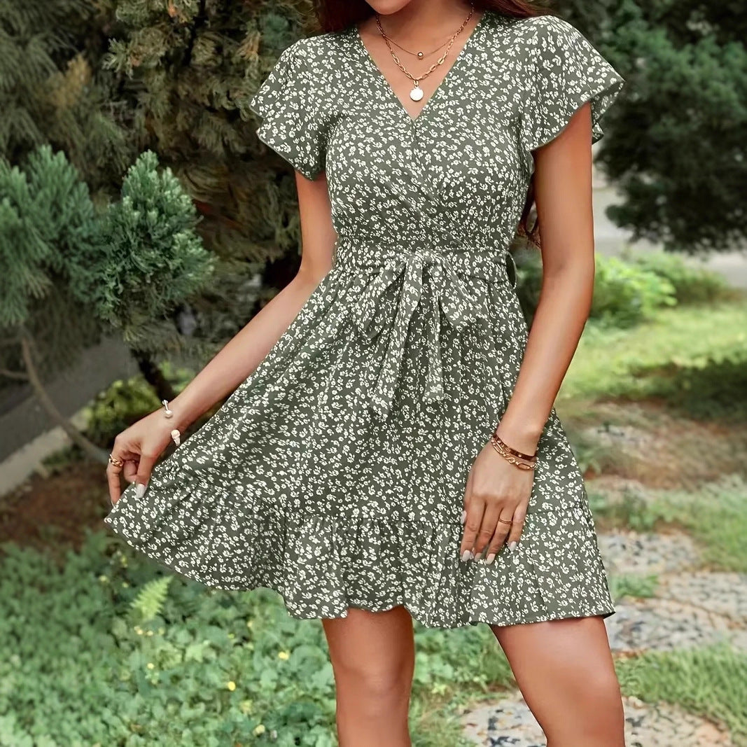 French-style High-waisted Floral-print Lace-up V-neck Short-sleeve Dress