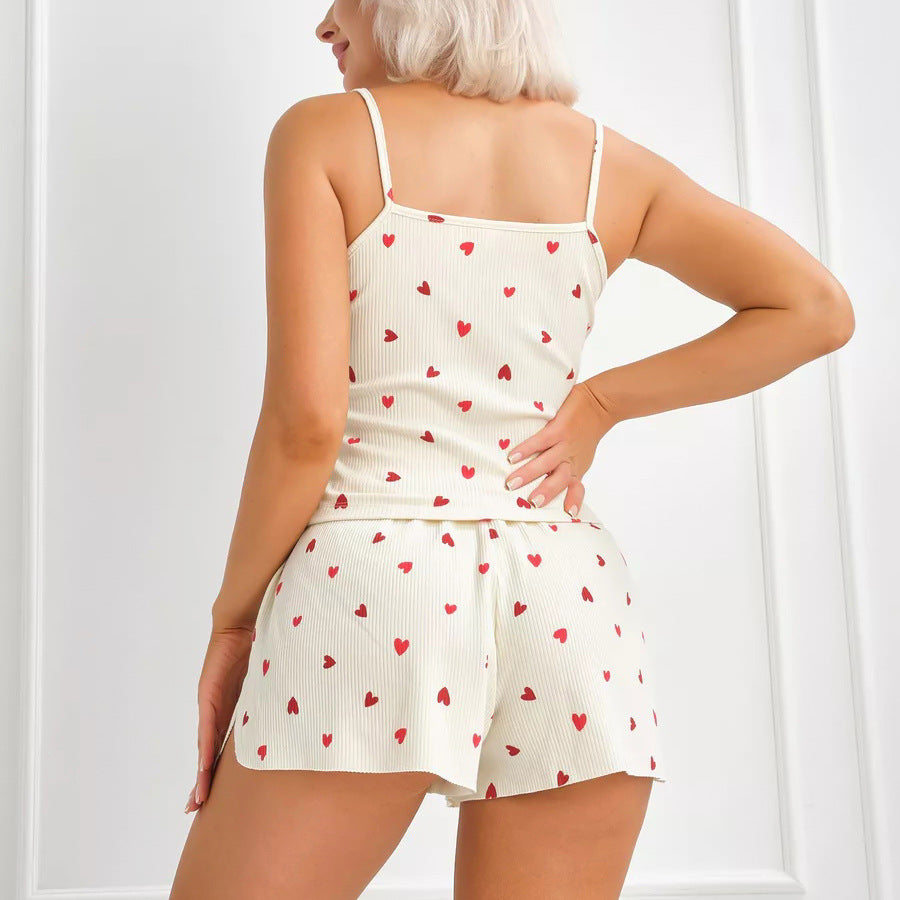 European And American-style Heart-print Camisole And Shorts Pajama Set