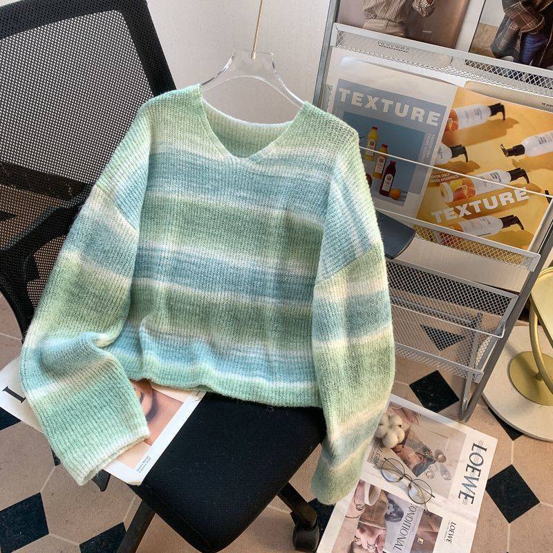 Dopamine Color Stripes Collar Sweater Women