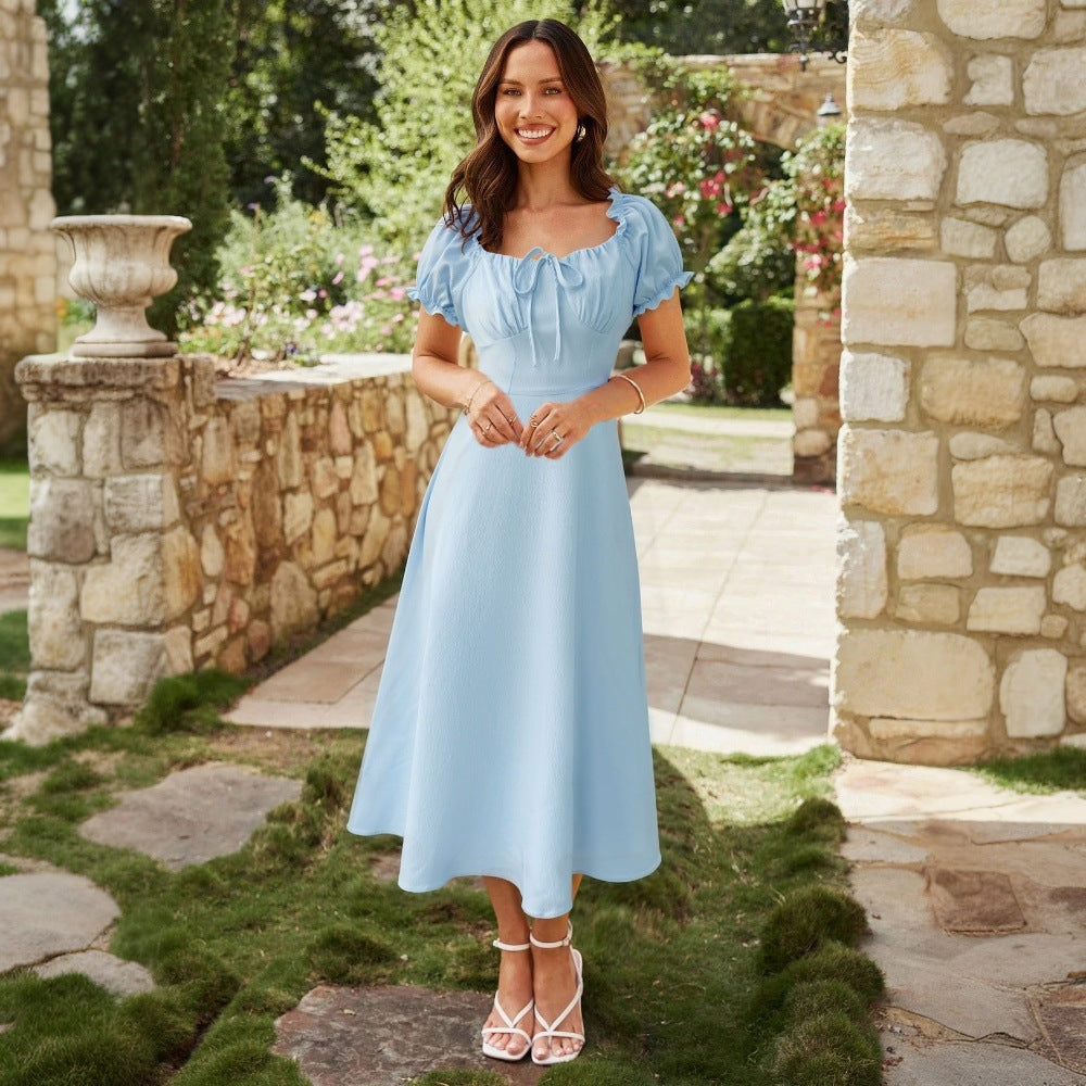 Women's Square-Neck Lace-Up Waist-Cinched Solid-Colored Dress