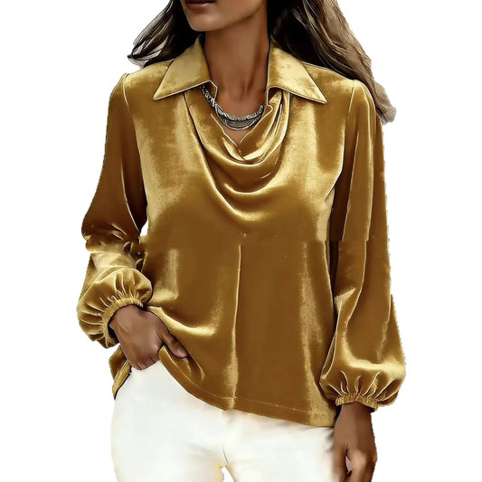 Fashionable Womens Top In Velvet With A Notch Lapel And Puff Sleeves