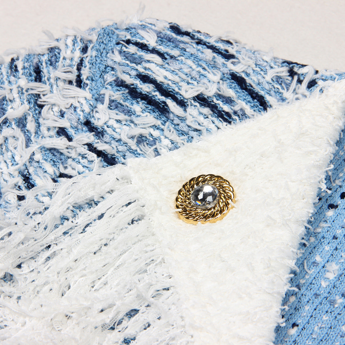 Blue Tassel Tweed Turn-down Collar Coat Elegant Socialite Top