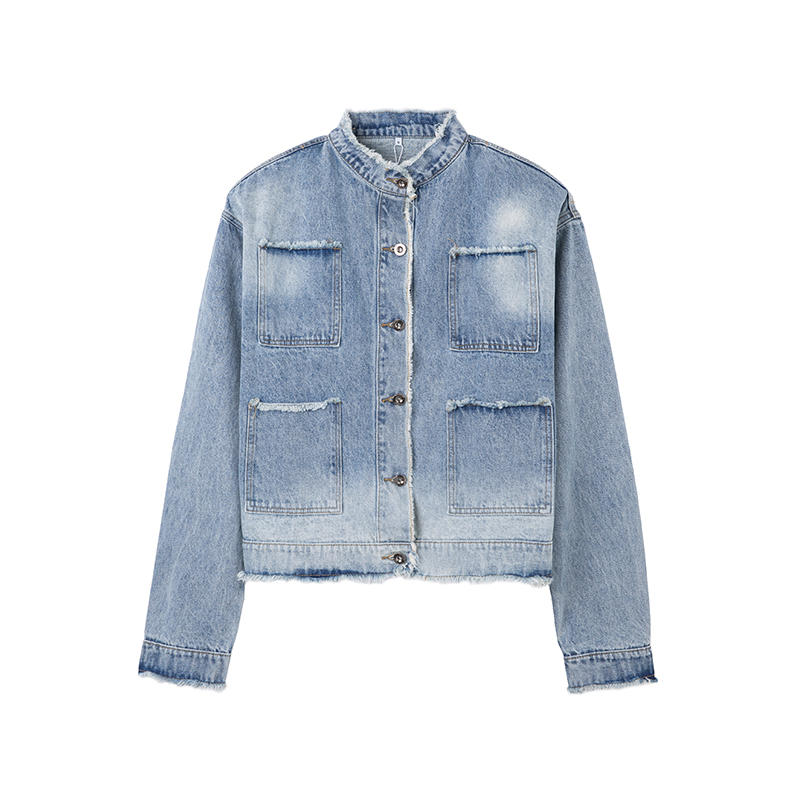 Damaged Design Feeling Rough Edge Washed Stand Collar Padded Shoulder Denim Jacket
